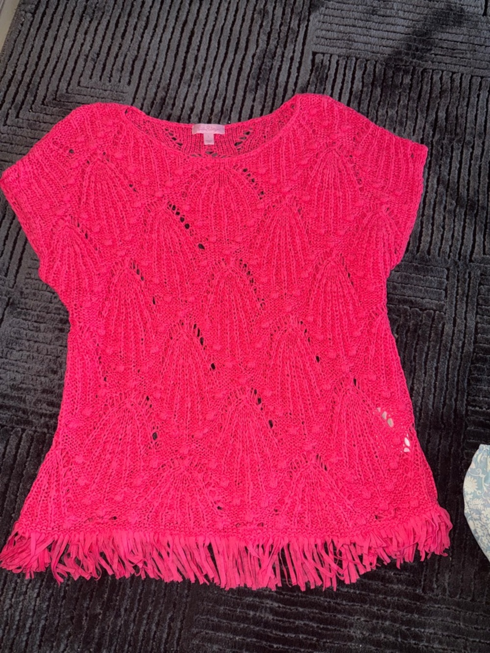 Lilly Pulitzer Hot Pink/coral Crochet Fringe Knit Top
